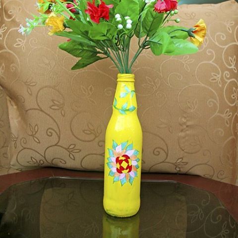 vas bunga botol kaca bekas Hand-painted recycled bottle flower vase